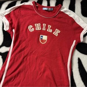 Red & White Striped ‘Chile’ Graphic Beaded Y2K / 90s Style Soccer Baby Tee